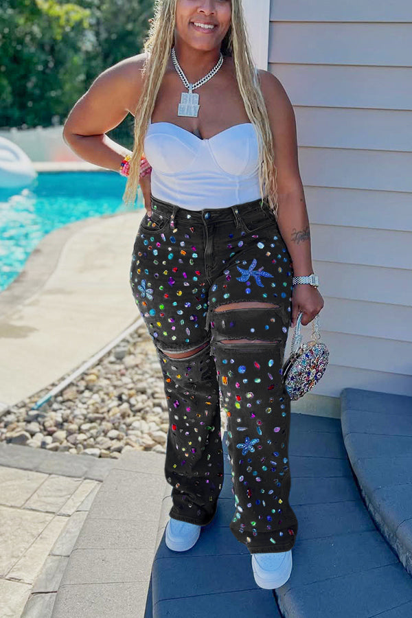Striking Rhinestone Ripped Raw Edge High Waist Jeans