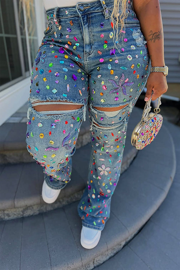 Striking Rhinestone Ripped Raw Edge High Waist Jeans