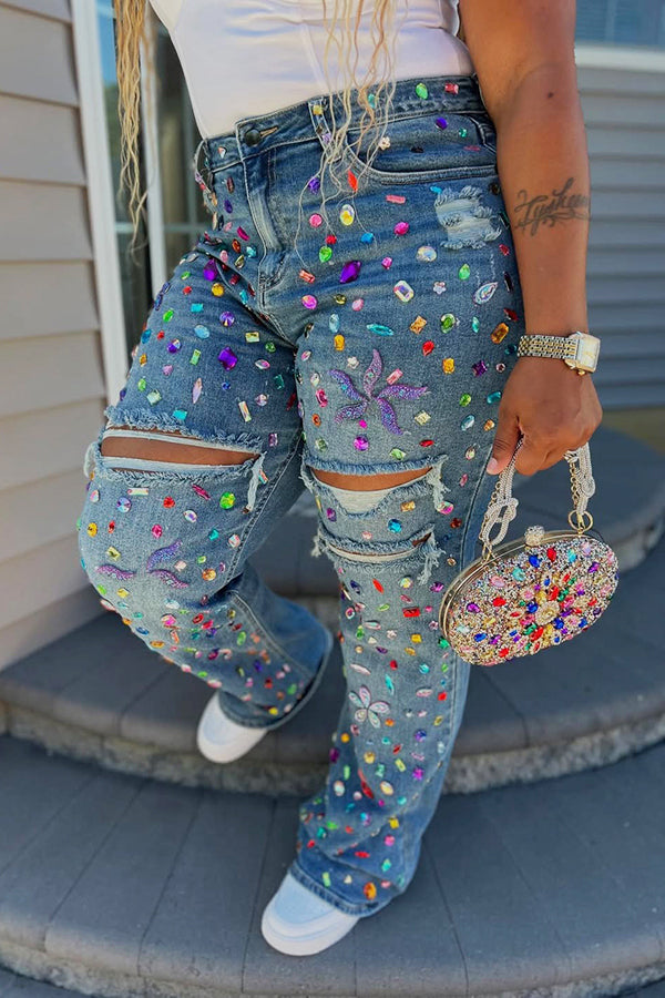 Striking Rhinestone Ripped Raw Edge High Waist Jeans