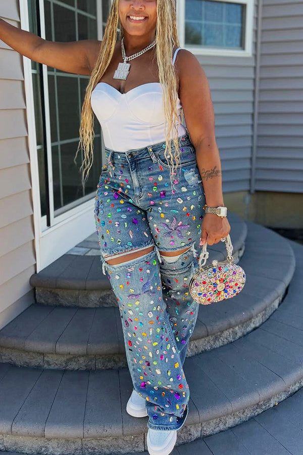 Striking Rhinestone Ripped Raw Edge High Waist Jeans
