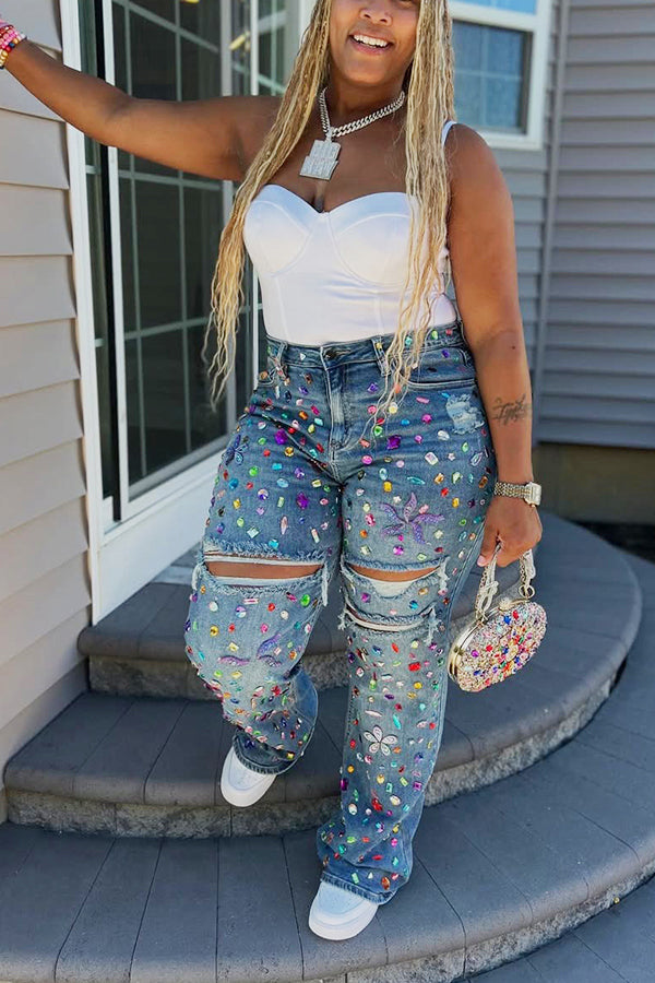 Striking Rhinestone Ripped Raw Edge High Waist Jeans