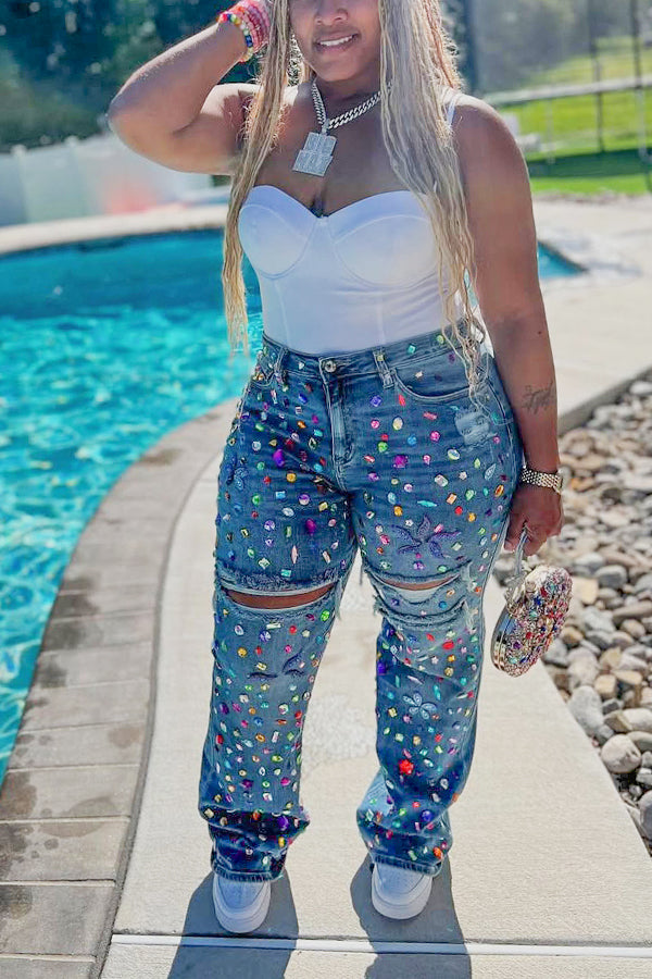Striking Rhinestone Ripped Raw Edge High Waist Jeans