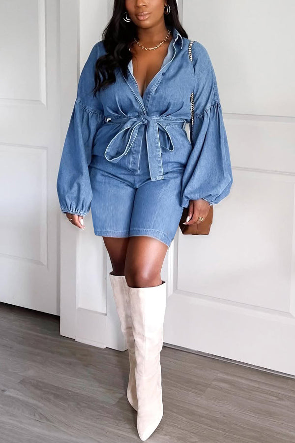 Fashionable Lantern Sleeve Belted Denim Romper