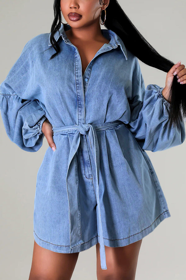 Fashionable Lantern Sleeve Belted Denim Romper