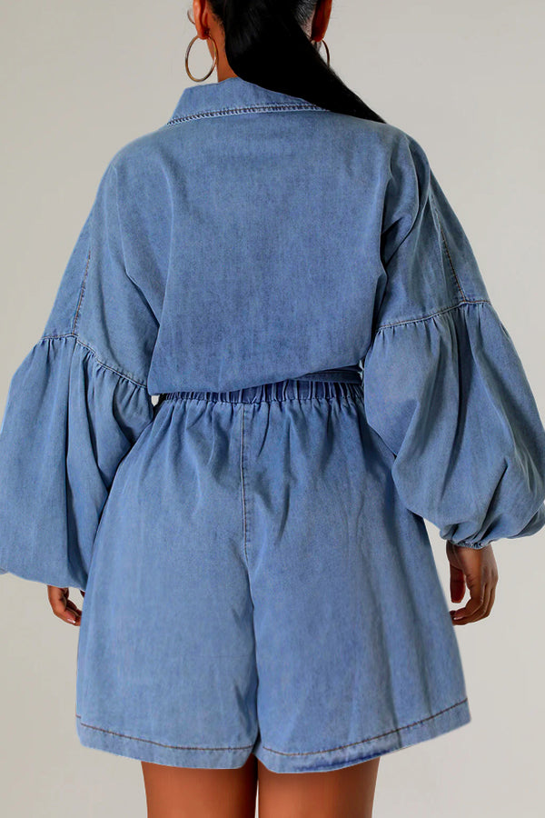 Fashionable Lantern Sleeve Belted Denim Romper