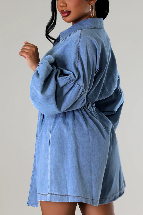 Fashionable Lantern Sleeve Belted Denim Romper