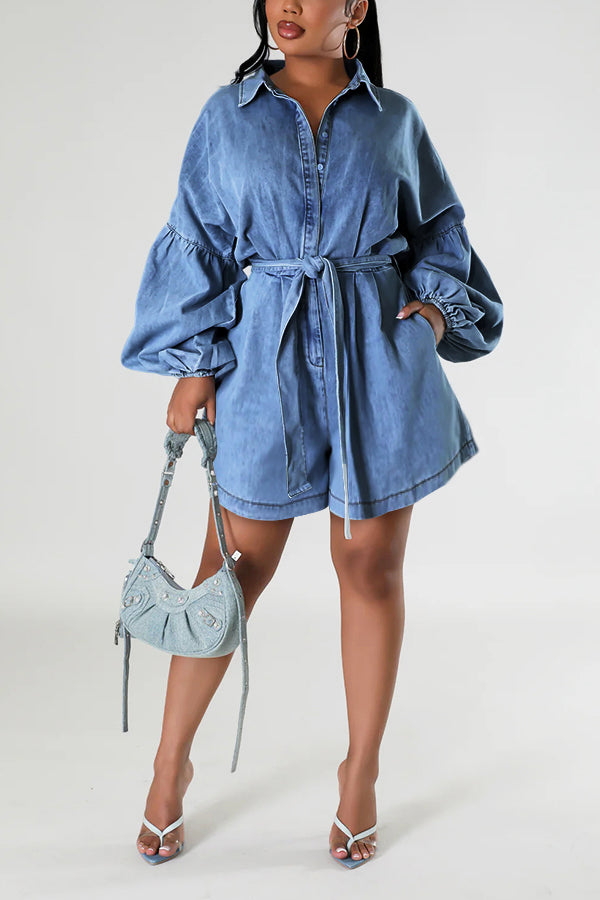 Fashionable Lantern Sleeve Belted Denim Romper