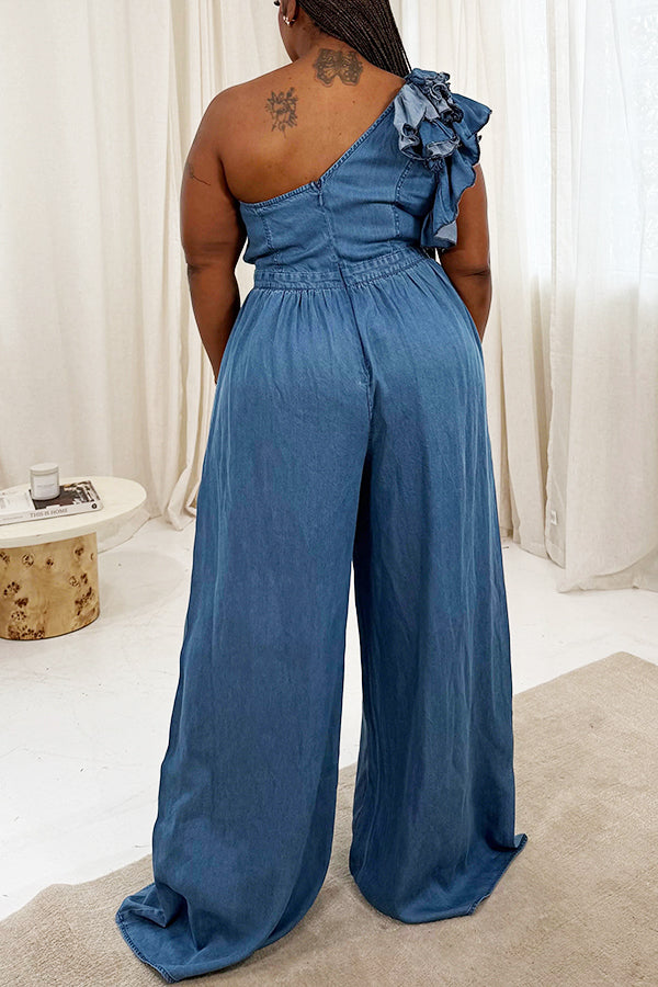 Fashionable Slant Neck Ruching Denim Wide Leg Jumpsuit