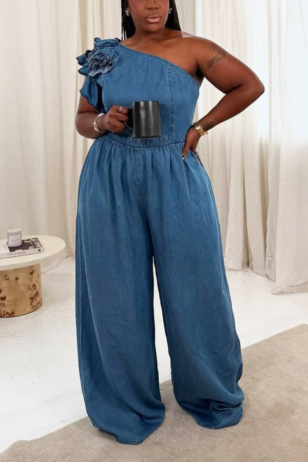 Fashionable Slant Neck Ruching Denim Wide Leg Jumpsuit