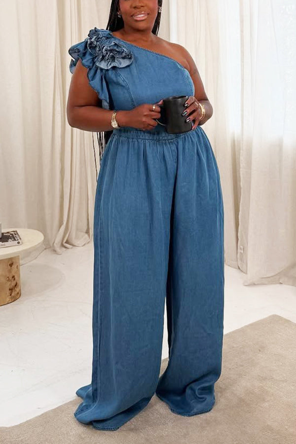 Fashionable Slant Neck Ruching Denim Wide Leg Jumpsuit