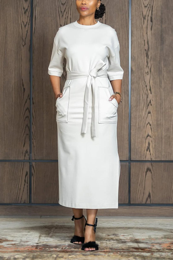 Elegant Half Sleeve Double Pocket Belted Maxi Dress