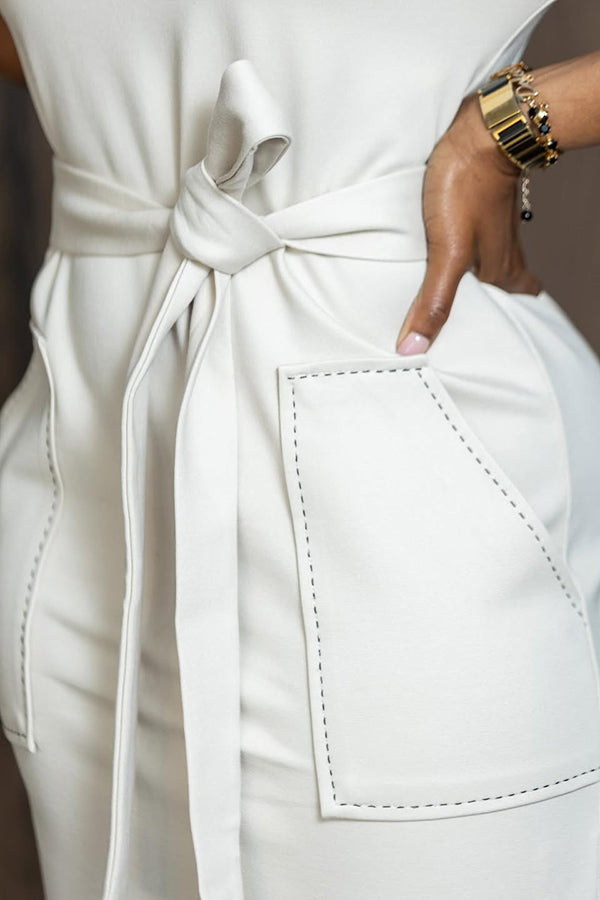 Elegant Half Sleeve Double Pocket Belted Maxi Dress