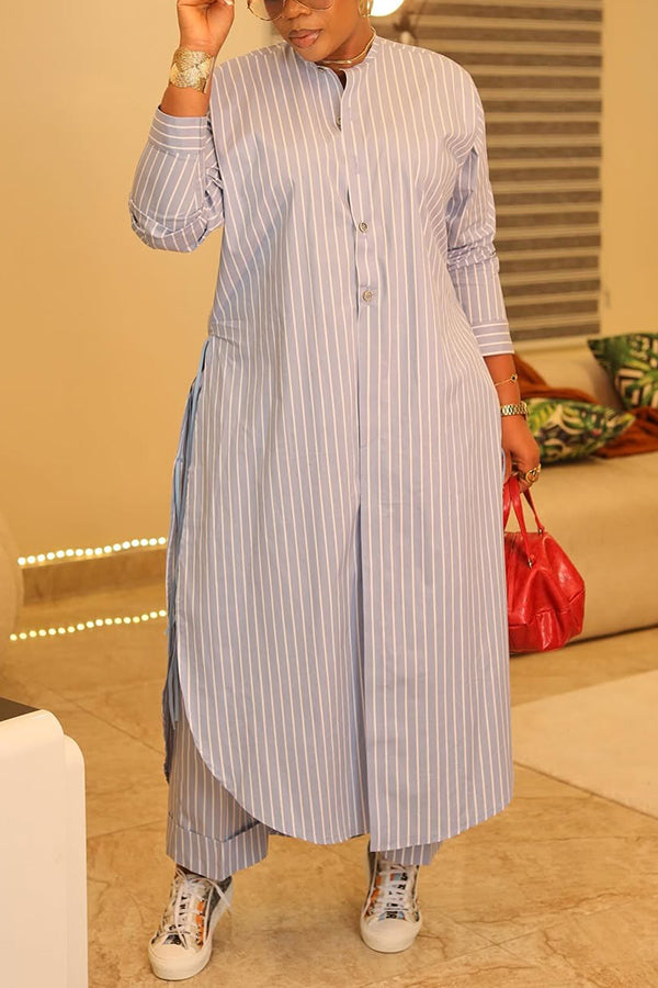 Chic Striped Long Shirt & Pants Set