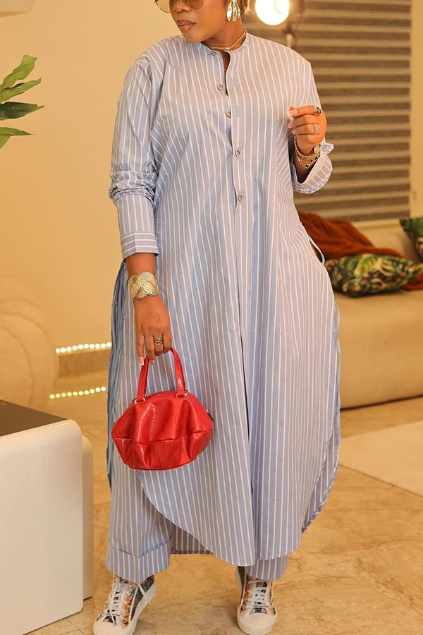 Chic Striped Long Shirt & Pants Set