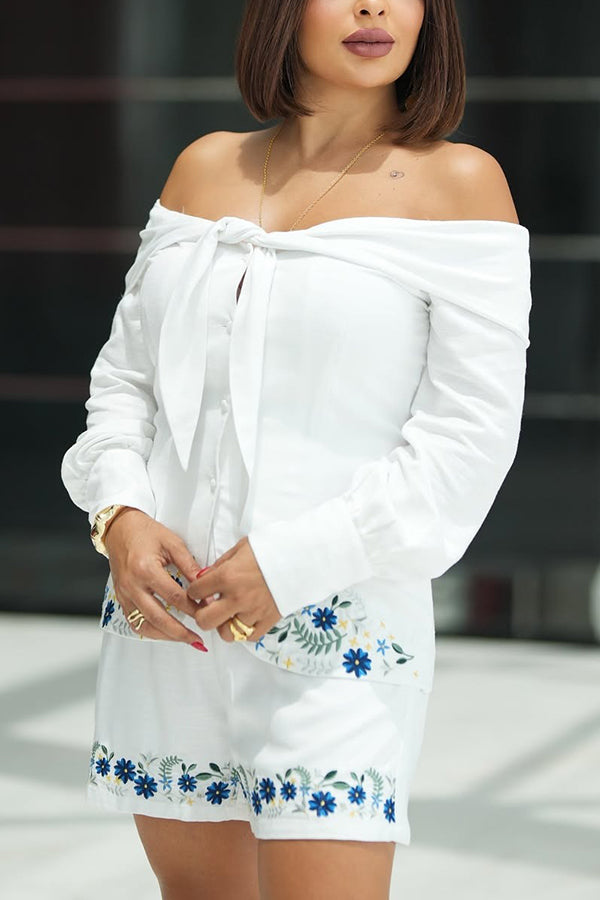 Chic Off Shoulder Top & Floral Embroidered Shorts Set