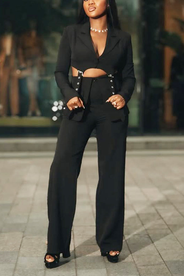 Fashionable Short Blazer & Patchwork Straight Pants Set