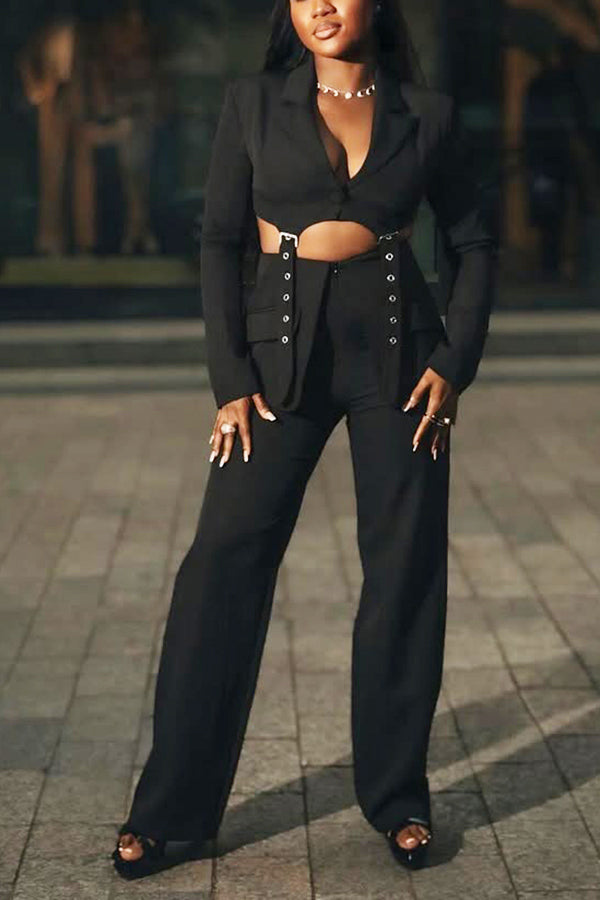 Fashionable Short Blazer & Patchwork Straight Pants Set