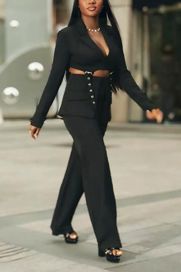 Fashionable Short Blazer & Patchwork Straight Pants Set
