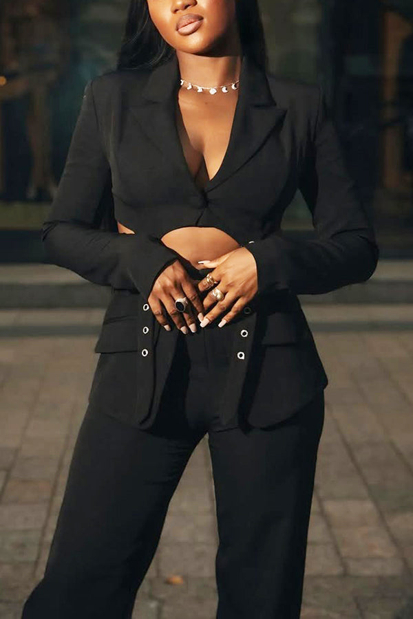 Fashionable Short Blazer & Patchwork Straight Pants Set