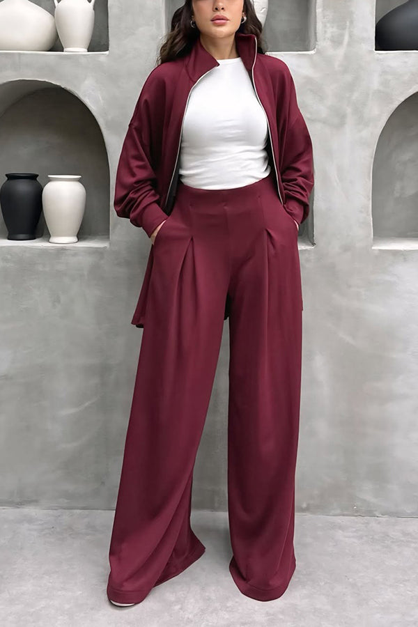 Sporty Ruffle Hem Jacket & Wide Leg Pants Set