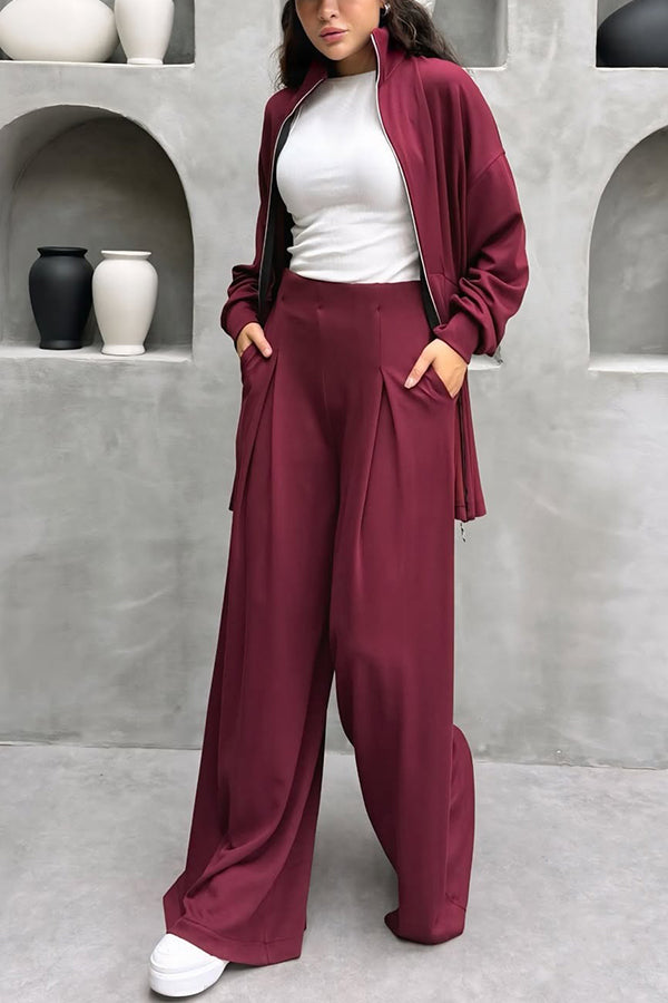 Sporty Ruffle Hem Jacket & Wide Leg Pants Set