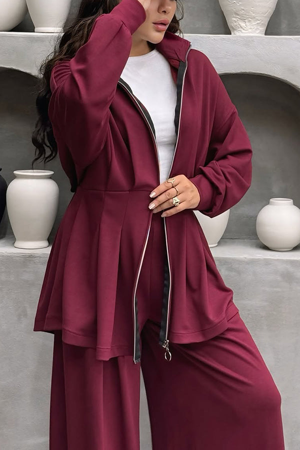 Sporty Ruffle Hem Jacket & Wide Leg Pants Set