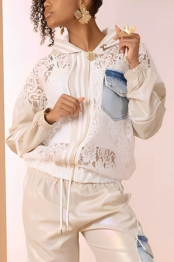 Sporty Lace Embroidered Denim Patchwork Color Block Hoodie