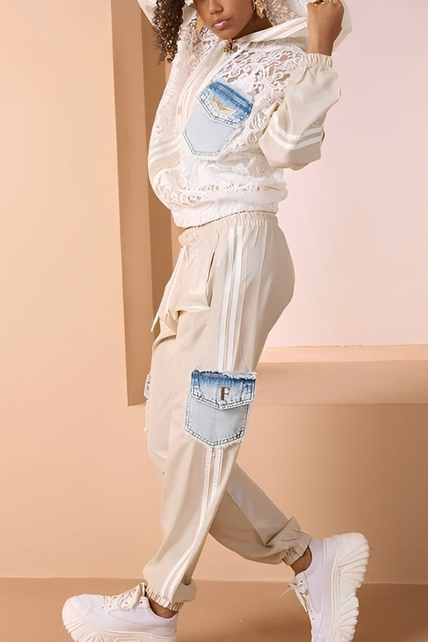 Sporty Lace Embroidered Denim Patchwork Color Block Hoodie