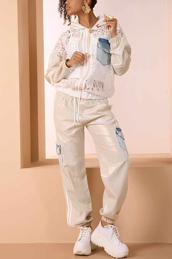Sporty Lace Embroidered Denim Patchwork Color Block Hoodie
