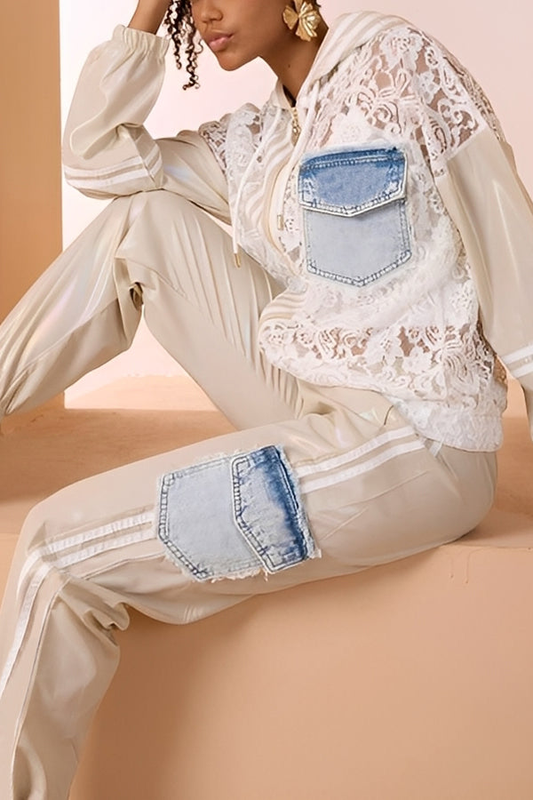 Sporty Lace Embroidered Denim Patchwork Color Block Hoodie