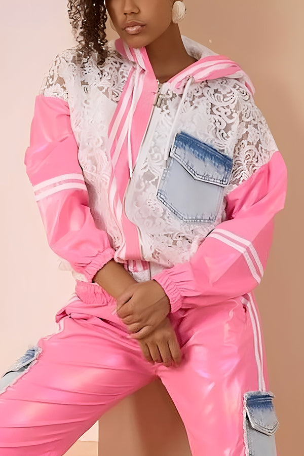 Sporty Lace Embroidered Denim Patchwork Color Block Hoodie