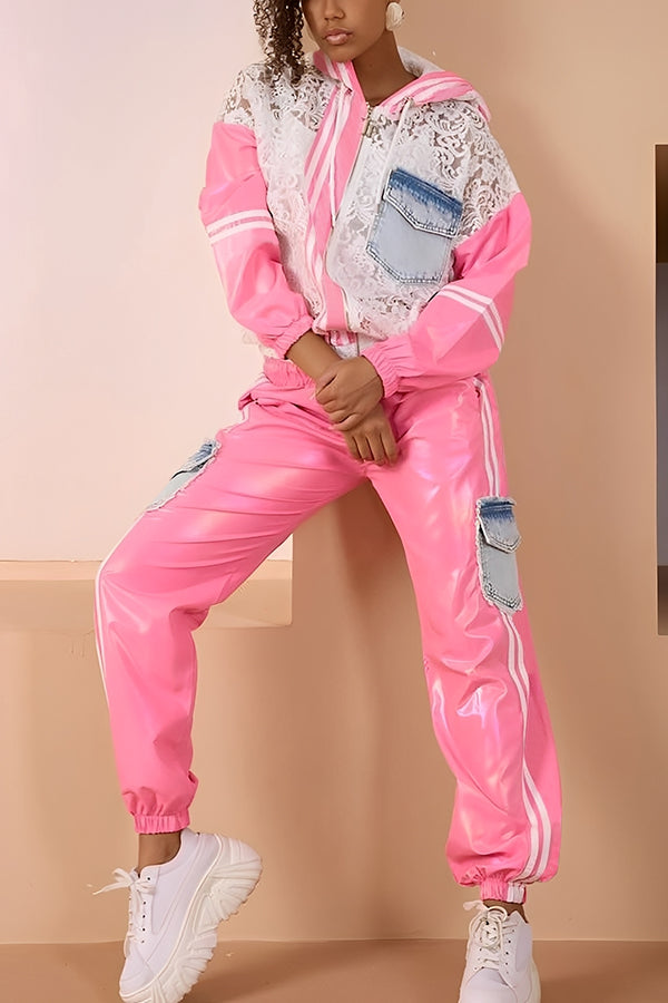 Sporty Lace Embroidered Denim Patchwork Color Block Hoodie