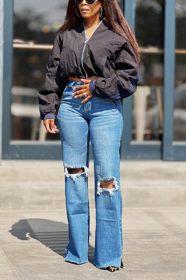 Casual Color Block Drawstring Waist Reversible Jacket