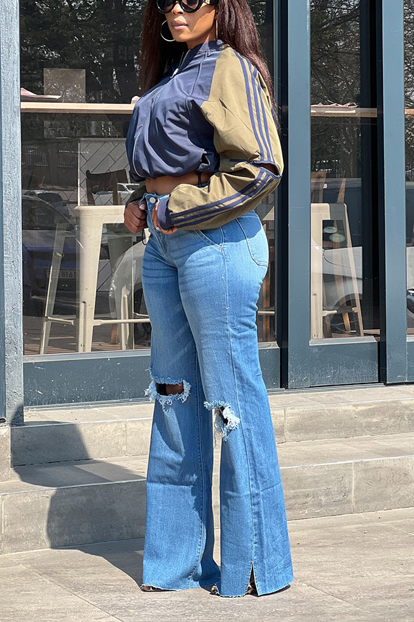 Casual Color Block Drawstring Waist Reversible Jacket