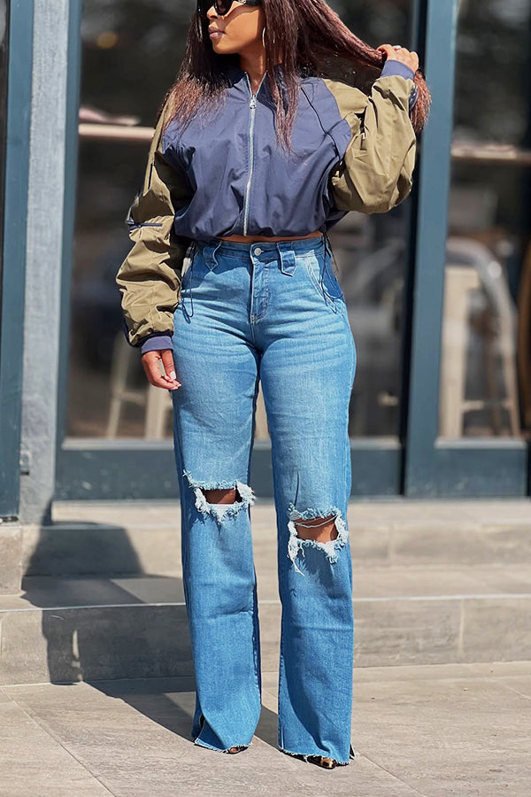 Casual Color Block Drawstring Waist Reversible Jacket