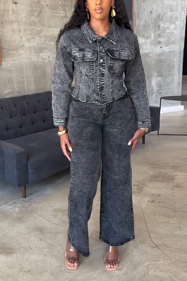 Cool Pocket Denim Jacket & Wide Leg Jeans Set