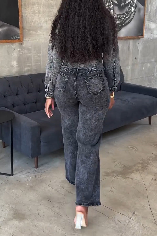 Cool Pocket Denim Jacket & Wide Leg Jeans Set