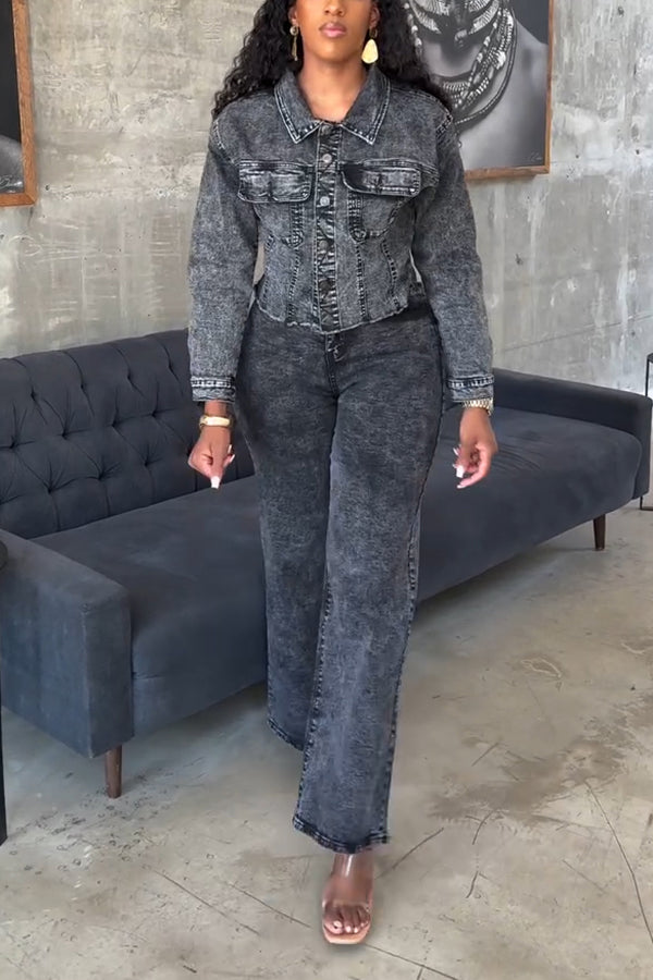 Cool Pocket Denim Jacket & Wide Leg Jeans Set