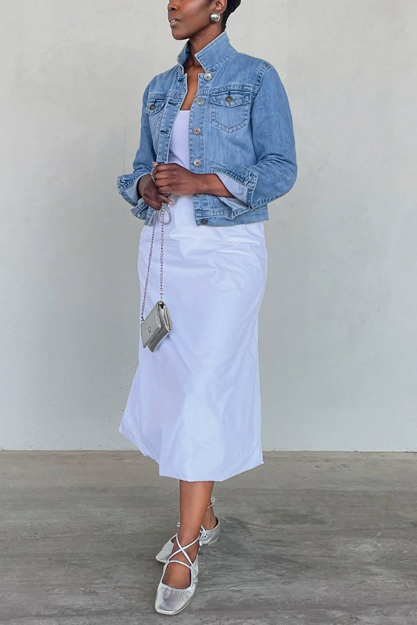 Street Style High Neck Double Pocket Denim Jacket