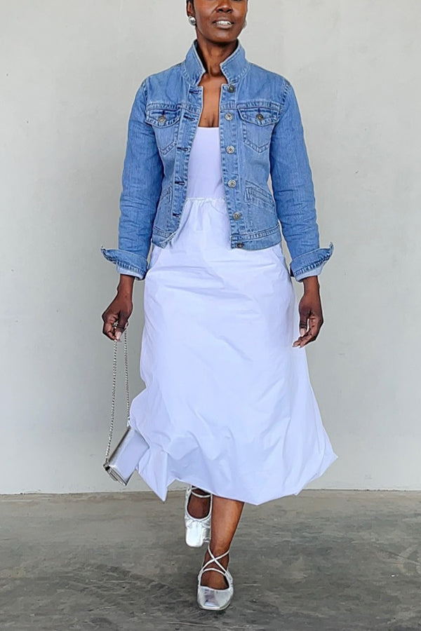 Street Style High Neck Double Pocket Denim Jacket