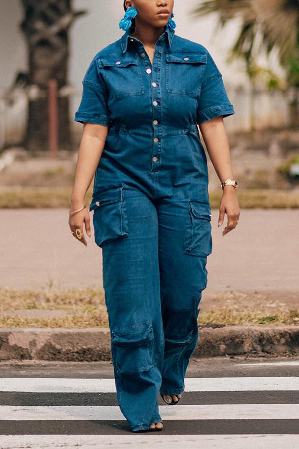 Street Style Multi Pocket Cargo Denim Jumpsuit