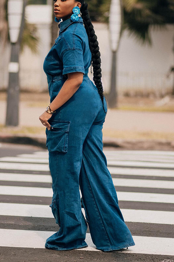 Street Style Multi Pocket Cargo Denim Jumpsuit