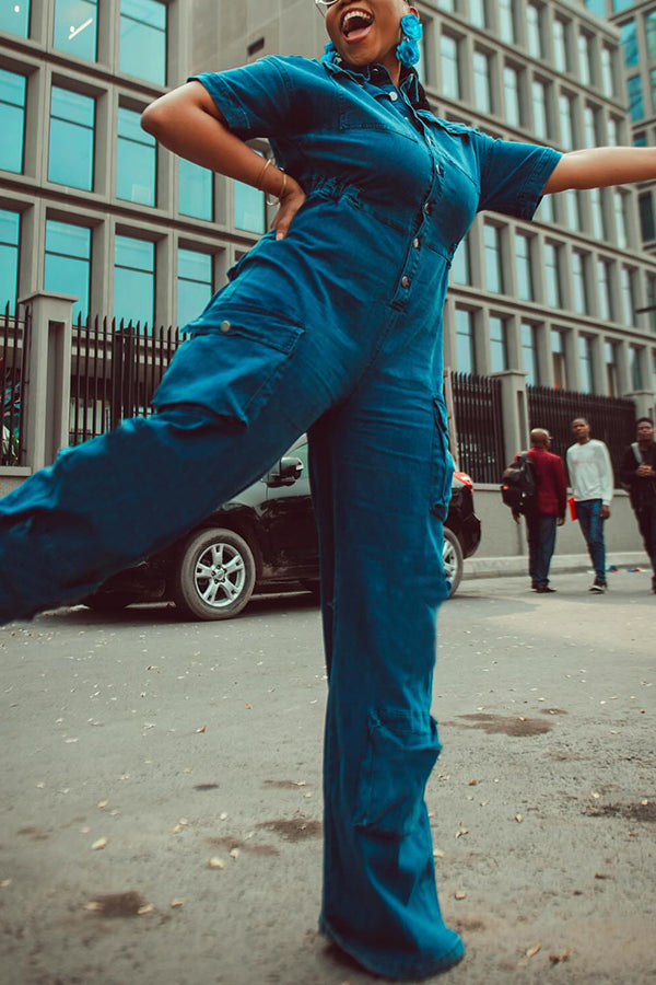 Street Style Multi Pocket Cargo Denim Jumpsuit