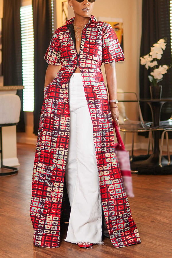 Stylish Graphic Print Half Zip Maxi Top
