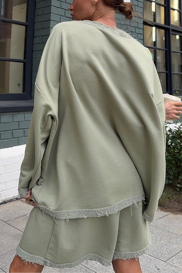 Casual Raw Edge Wide Sleeve Top & Shorts Set