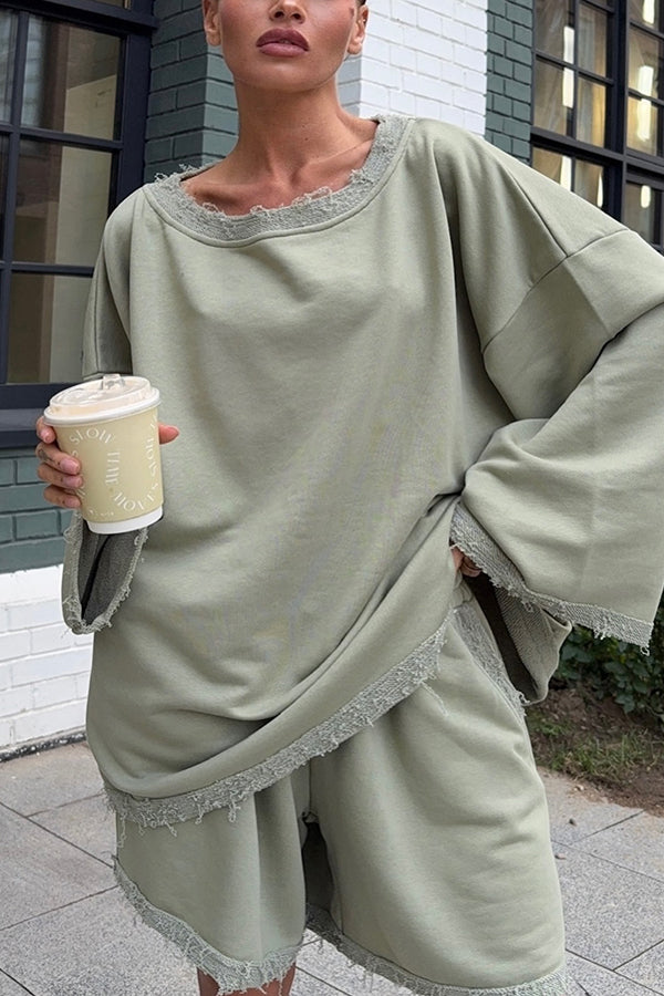Casual Raw Edge Wide Sleeve Top & Shorts Set