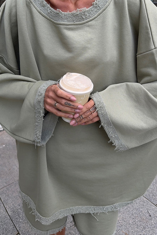 Casual Raw Edge Wide Sleeve Top & Shorts Set