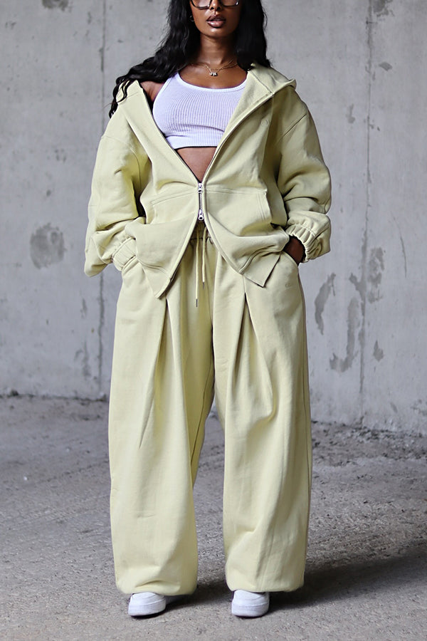 Casual Hoodie & Elastic Waist Wide Leg Pants Set