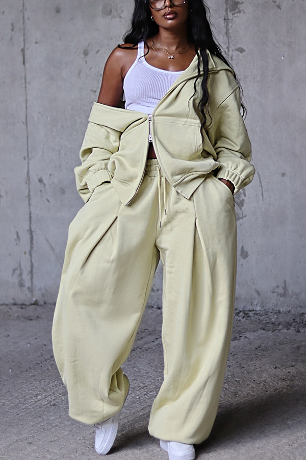 Casual Hoodie & Elastic Waist Wide Leg Pants Set