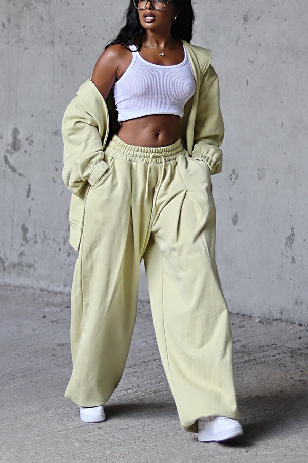 Casual Hoodie & Elastic Waist Wide Leg Pants Set